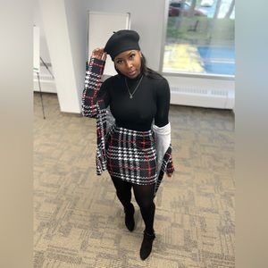 Black white and red plaid mini skirt and jacket set